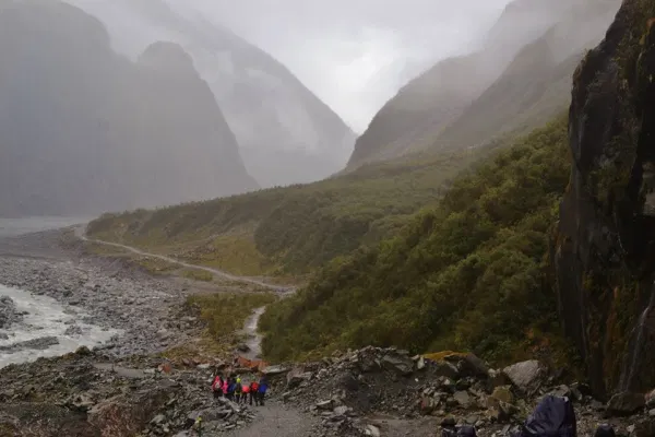 Hiking to Fox Glacier on a rainy day. 